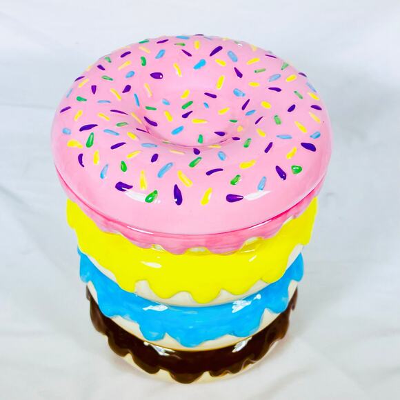 Coco + Lola Donut Cookie Jar Colorful Stack of Donuts Ceramic Kitchen Decor Used - Picture 2 of 9
